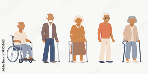 Diverse group of seniors illustrated in a simple flat vector style