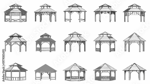 Collection of varied gazebo designs presented in grayscale illustration