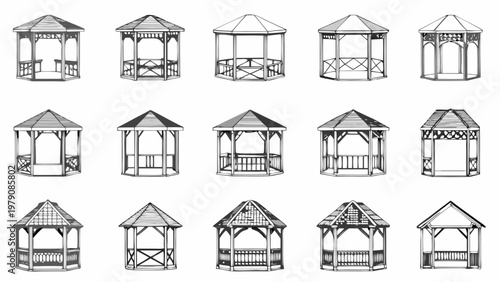 Collection of detailed gazebo drawings in varying geometric shapes