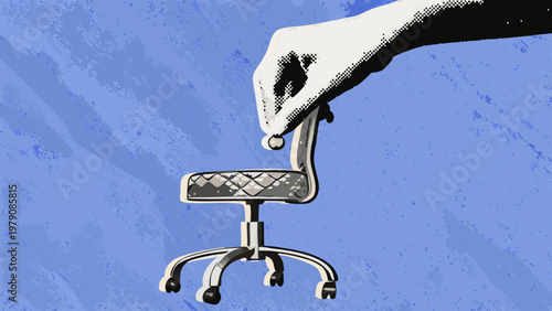 A hand reaches down to lift a patterned office chair from below