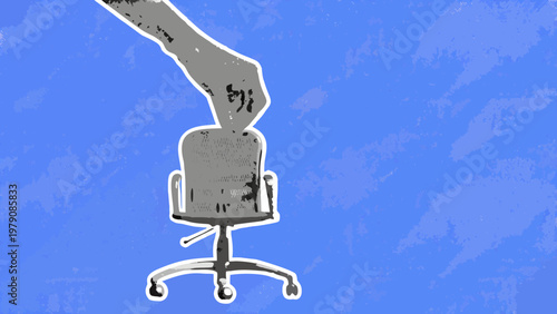 An empty office chair floats upwards against a bright blue backdrop