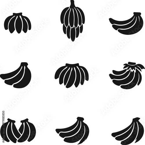 Flat banana bunch silhouette vector set with different styles and natural proportions, ideal for food-related graphics and creative design projects.