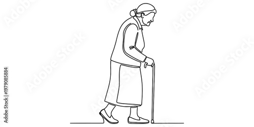 Continuous line drawing of an elderly woman walking slowly with the support of a wooden cane.