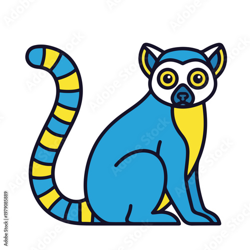 Cartoon lemur with blue and yellow fur, looking directly at viewer