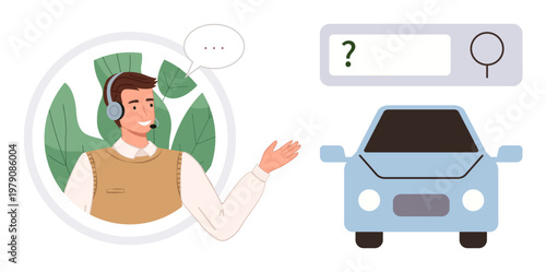 Customer support, e-commerce, car sales, online assistance, communication, automotive solutions. Support agent with headset gesturing toward a car and search bar. Customer support and e-commerce