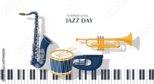 Illustration of musical instruments for International Jazz Day with a saxophone, trumpet, drum, and piano keys on a white background