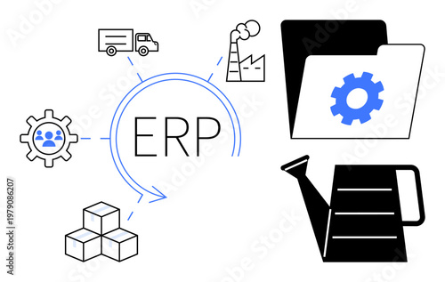 Business management, industrial planning, resource allocation, supply chain management, automation, logistics. Visuals of ERP text, gear factory truck folder. Business management and industrial