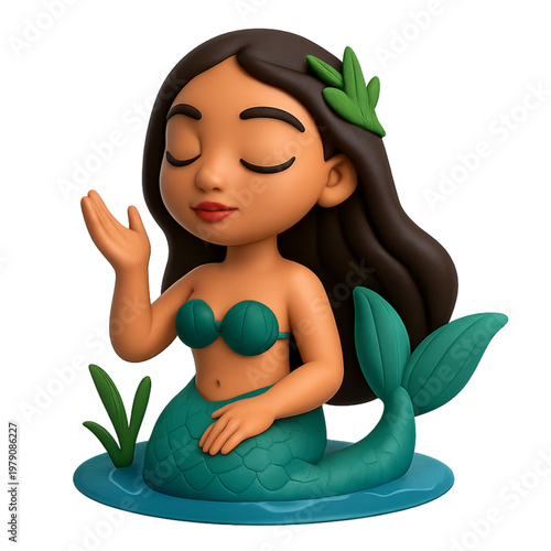 Cute 3D Cartoon Mermaid Character with Dark Hair and Green Tail, PNG with transparency isolated on transparent background