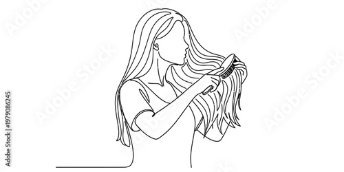 A minimalist black and white line art drawing of a woman brushing her long hair with a hairbrush