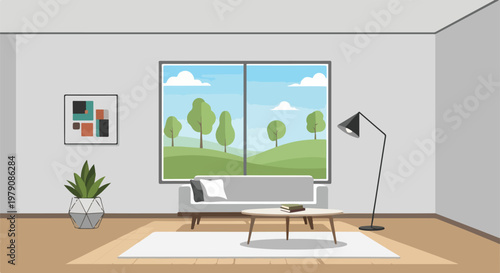 A simple modern living room interior with a view of a green landscape outside