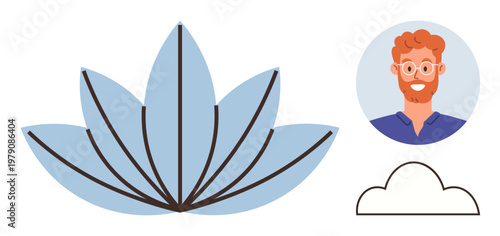 Wellness, mindfulness, personal identity, relaxation, nature, minimalism. Blue lotus flower, smiling man portrait cloud outline. Wellness and mindfulness by natural elements