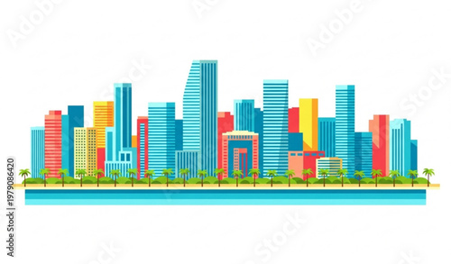 Geometric Miami skyline vector illustration with tropical waterfront and vibrant modern buildings