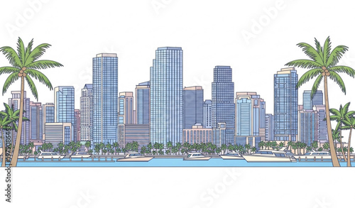 Miami skyline line art vector with waterfront marina palm trees and modern skyscraper cityscape