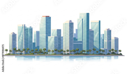 Modern Miami skyline vector with waterfront skyscrapers and tropical palm trees in clean flat style