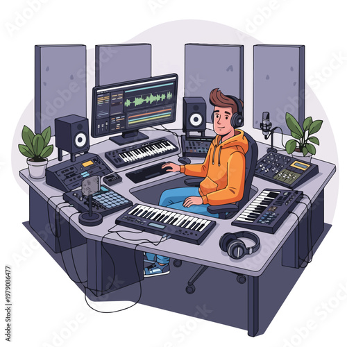 Cartoon man in a recording studio with various music equipment