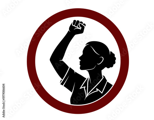 Silhouette of a woman raising a fist in solidarity. International Labor Day vector illustration for poster design.