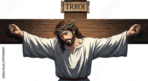 Illustration depicting jesus christ on a wooden cross suffering and praying