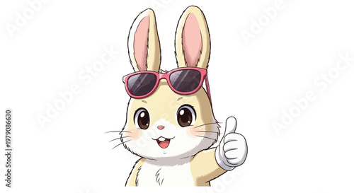 Cute cartoon rabbit wearing red sunglasses and giving a thumbs up