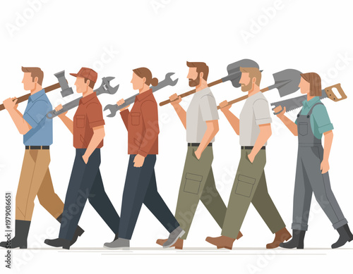 A diverse group of workers, each carrying a tool over their shoulder, walking in a line. The tools include a hammer, wrench, and shovel. International Labor Day vector illustration for poster design.