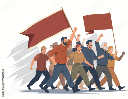 A crowd of people marching and holding flags, representing a movement or protest. They are united and determined. International Labor Day vector illustration for poster design.