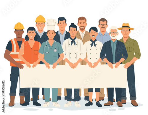 Diverse workforce standing together, holding blank banner. They show various professions with a blank banner. International Labor Day vector illustration for poster design.