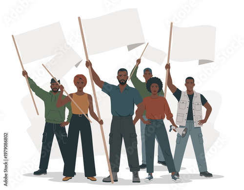 A diverse group of people holding blank white flags in a demonstration or protest. International Labor Day vector illustration for poster design.