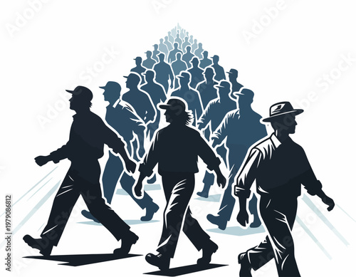 A group of labor or worker walking in formation, creating a sense of unity and purpose. International Labor Day vector illustration for poster design.
