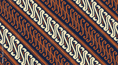 Diagonal traditional batik textile pattern with abstract motifs.