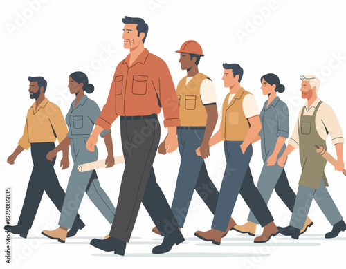 A diverse group of professionals and workers from various industries walking together in a line, representing unity and workforce. International Labor Day vector illustration for poster design.