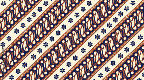 Diagonal vintage batik textile pattern with floral motifs and ornamental stripes.