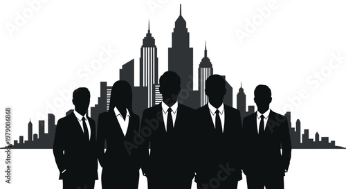 Silhouetted business professionals stand before a new york city skyline