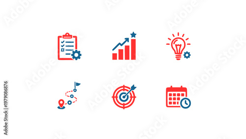 Data analysis icons with charts, targets, and performance metrics.