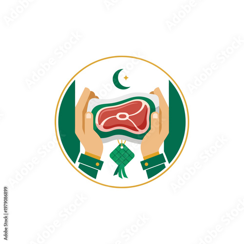 Hands holding raw meat with Islamic crescent moon and ketupat, symbolizing Islamic traditions and festive occasions like Eid al-Adha and Eid al-Fitr