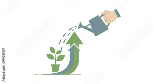 Nurturing growth a hand watering an arrow pointing upwards with a plant
