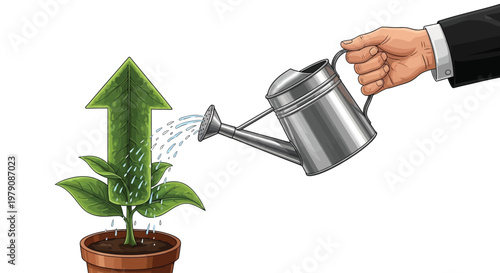 Hand watering a growing plant symbolized by an upward pointing arrow
