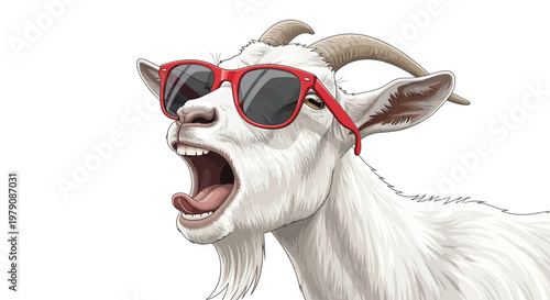 Cool goat wearing red sunglasses and cheerfully opening its mouth