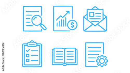 Office and business icons with reports, email, and analytics tools.