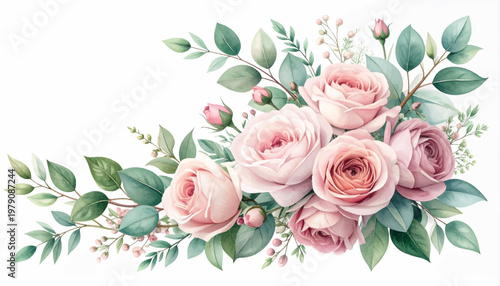 Watercolor blush roses with airy leaves on clean white. Romantic floral spray for feminine stationery and branding. Pastel garden bouquet suited to elegant invitation layouts
