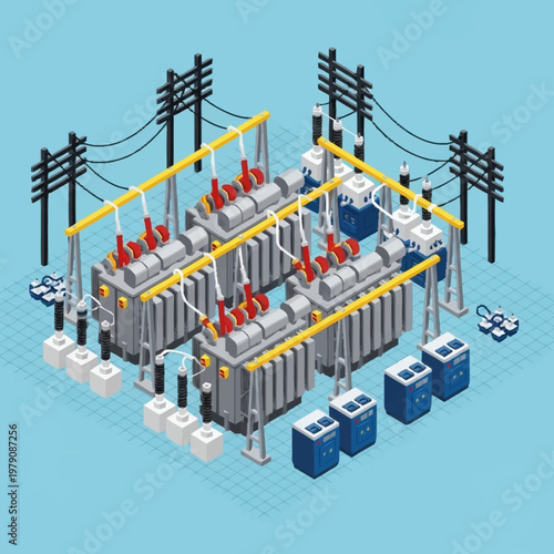 Isometric illustration of electrical power substation with transformers and transmission lines.