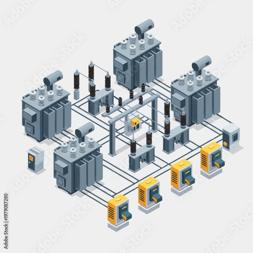 Isometric illustration of industrial electrical substation equipment and power distribution systems.