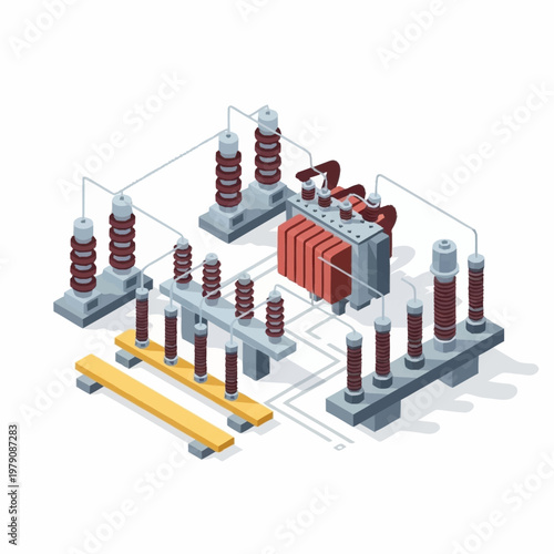 Isometric illustration of electrical substation equipment.