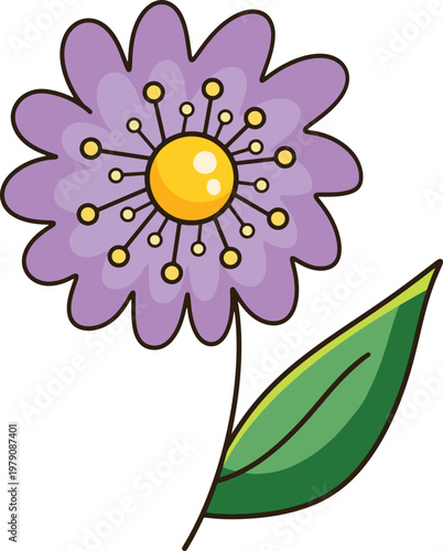 Cute purple flower cartoon hand drawn minimalist floral with green leaf for kids and garden design