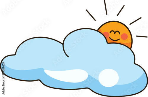 Cute cloud and smiling sun cartoon hand drawn minimalist weather for kids and nursery design