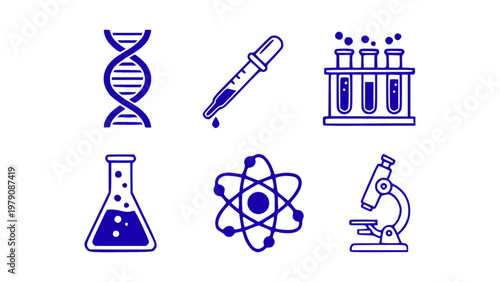 Science icons with DNA, lab equipment, and research elements.