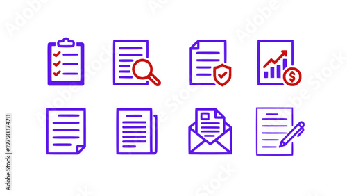 Simple document icons for reports, files, and communication tasks.