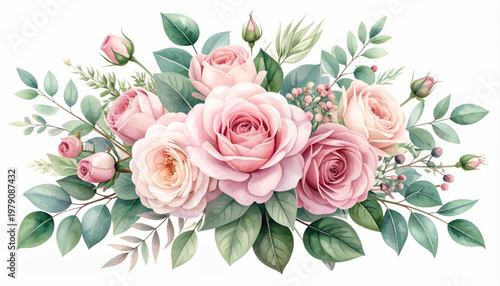 Grand rose bouquet combining ivory accents and pink blossoms. Premium floral artwork for luxury stationery and gift media. Soft garden composition with polished foliage, warmth, depth