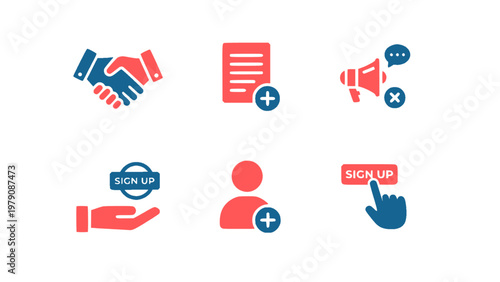 Icons for engagement, sharing, user actions, and online communication.