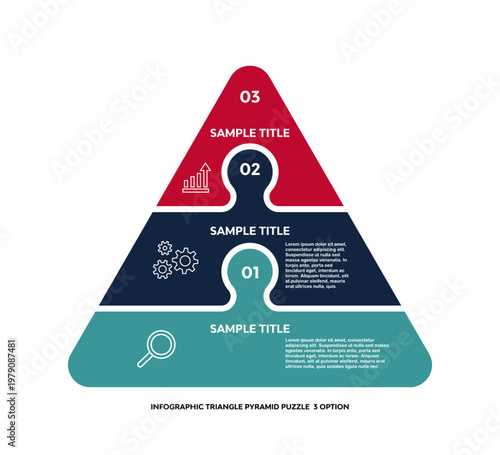 Vector triangle puzzle pyramid infographic with 3 option steps for business presentation visuals. Editable vector illustration.