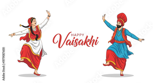 Illustrated vector art of a Happy Vaisakhi celebration, featuring a Punjabi woman and man in traditional dress performing a folk dance against a clean white background in a vibrant