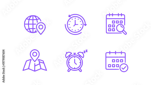 Icons featuring maps, clocks, and scheduling elements.